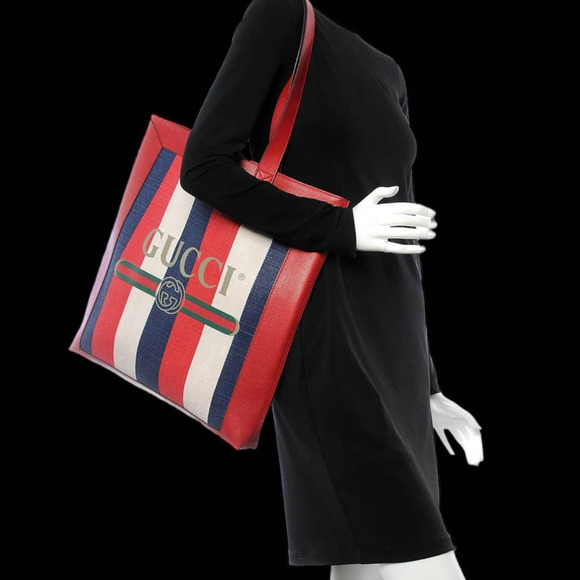 GUCCI Canvas Calfskin Sylvie Stripe Logo Mens Tote Red White Blue Large. - Picture 2 of 16